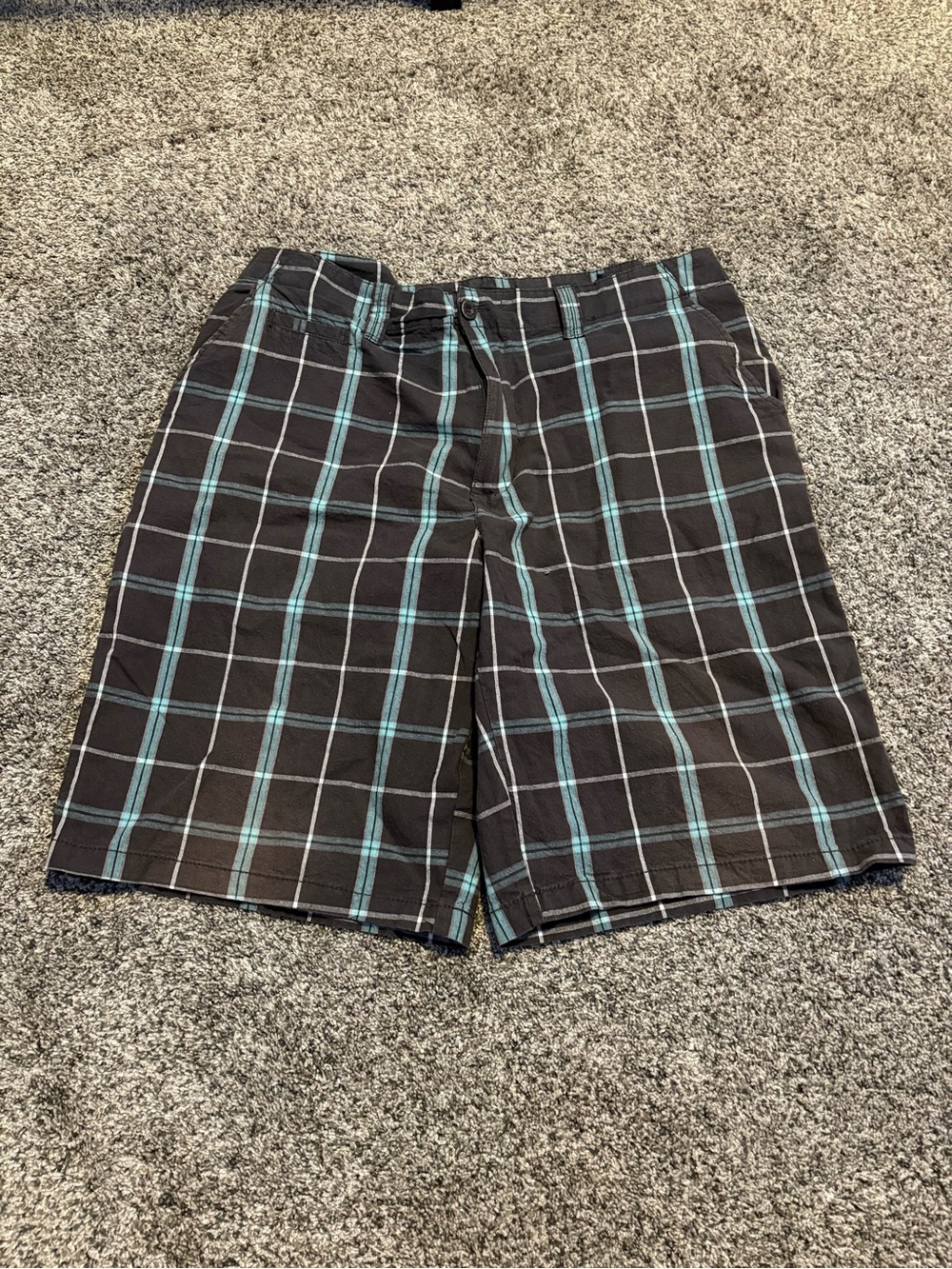Airwalk Men's Plaid Shorts in Black with Teal Accent